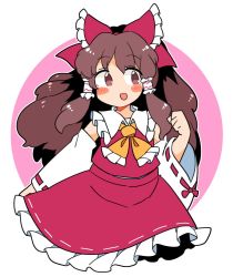 Rule 34 | 1girl, bare shoulders, blush stickers, bow, brown eyes, brown hair, detached sleeves, frilled skirt, frills, hair bow, hair tubes, hakurei reimu, ini (inunabe00), japanese clothes, long hair, nontraditional miko, open mouth, red bow, red skirt, ribbon-trimmed sleeves, ribbon trim, sidelocks, skirt, smile, solo, touhou, white sleeves, wide sleeves