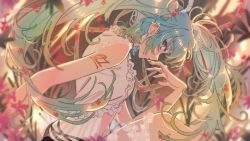 Rule 34 | 1girl, alternate costume, aqua hair, arm at side, backlighting, bare arms, blue hair, blurry, blurry background, crop top, depth of field, ear piercing, expressionless, eyelashes, fingernails, floating hair, flower, from side, gradient hair, hand up, hatsune miku, hmng, lace, lace trim, leaf, light rays, long hair, midriff, multicolored hair, nail polish, navel, number tattoo, parted lips, piercing, profile, purple flower, red flower, red nails, sharp fingernails, shoulder tattoo, sideways glance, solo, sunlight, tattoo, tsurime, twintails, vocaloid