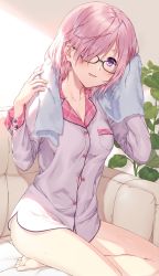 Rule 34 | 1girl, alternate costume, bare legs, blush, bottomless, breasts, cleavage, collarbone, commentary request, couch, fate/grand order, fate (series), glasses, hair over one eye, highres, indoors, kuroki (ma-na-tu), large breasts, light purple hair, looking at viewer, mash kyrielight, open mouth, pajamas, plant, purple eyes, purple hair, short hair, sitting, smile, solo, towel