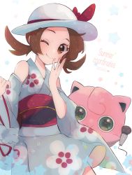 Rule 34 | 1girl, 2020, ;), bare shoulders, blue kimono, blush, brown eyes, brown hair, closed mouth, commentary, creatures (company), eyelashes, game freak, gen 1 pokemon, hands up, hat, highres, japanese clothes, jigglypuff, kimono, long hair, lyra (pokemon), lyra (summer 2020) (pokemon), microphone, misha (ohds101), nintendo, official alternate costume, one eye closed, pokemon, pokemon (creature), pokemon masters ex, sash, smile, twintails, white headwear