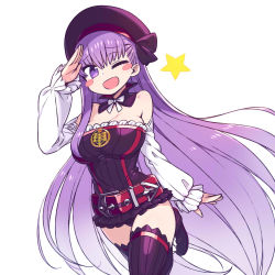 Rule 34 | 1girl, ;d, arm at side, arm up, bare shoulders, bb (fate), bb (fate/extra), blush stickers, breasts, chan co, cleavage, commentary request, cosplay, detached collar, detached sleeves, dress, fate/grand order, fate (series), hat, helena blavatsky (fate), helena blavatsky (fate) (cosplay), large breasts, leg up, long hair, long sleeves, looking at viewer, one eye closed, open mouth, purple dress, purple eyes, purple hair, purple thighhighs, salute, short dress, simple background, sleeves past wrists, smile, solo, star (symbol), thighhighs, very long hair
