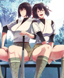 Rule 34 | 2girls, aluminum bat, baseball bat, bench, bifidus, blue sky, bodysuit, bodysuit under clothes, boots, breasts, brown eyes, brown hair, day, hair between eyes, hair ribbon, hand on lap, hands on lap, hyuuga (kancolle), ise (kancolle), japanese clothes, kantai collection, large breasts, looking at viewer, multiple girls, open mouth, ponytail, ribbon, short hair, short sleeves, sitting, skirt, sky, smile, tree