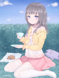 Rule 34 | 1girl, artist name, blue sky, blush, braid, breasts, bush, camisole, cardigan, cloud, cloudy sky, cookie, crown braid, cup, day, elephant, food, grey hair, holding, holding cup, holding plate, long hair, looking at viewer, open cardigan, open clothes, original, outdoors, parted lips, pink skirt, plate, pleated skirt, purple eyes, saucer, side braid, signature, single braid, sitting, skirt, sky, small breasts, solo, stuffed animal, stuffed toy, teacup, thighhighs, thighs, ushinomiya, wariza, white thighhighs
