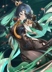 Rule 34 | 1girl, aqua hair, bare shoulders, black dress, black gloves, black hair, blue eyes, blue hair, bodysuit, breasts, cloud retainer (genshin impact), colored inner hair, commentary request, detached sleeves, dress, elbow gloves, genshin impact, glasses, gloves, goomrrat, green hair, grey eyes, highres, large breasts, long hair, multicolored hair, see-through bodysuit, serious, solo, thighs, two-tone hair, very long hair, xianyun (genshin impact)