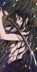 Rule 34 | 1boy, abs, arms up, bare back, bare shoulders, black eyes, black hair, closed mouth, falling petals, from side, frown, highres, holding, holding sword, holding weapon, japanese clothes, katana, kazari tayu, kimono, leaf, long hair, looking down, male focus, original, parted bangs, pectorals, petals, purple kimono, solo, sword, teardrop, top pull, upper body, wavy hair, weapon