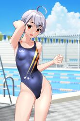 Rule 34 | 1girl, absurdres, ahoge, armpits, blue one-piece swimsuit, blue sky, breasts, clothes writing, cloud, commentary request, competition swimsuit, contrapposto, covered navel, day, grey hair, highleg, highleg swimsuit, highres, lane line, one-piece swimsuit, original, outdoors, pool, pool ladder, poolside, red eyes, short hair, sky, small breasts, smile, solo, string of flags, swimsuit, takafumi, tomboy, variant set