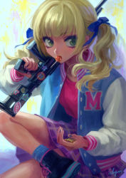 Rule 34 | 1girl, akiyama enma, blonde hair, blunt bangs, bow, bullet, candy, crossed legs, food, green eyes, gun, hair bow, holding, holding weapon, jacket, letterman jacket, lollipop, looking to the side, mouth hold, nail polish, original, over shoulder, plaid, plaid skirt, pleated skirt, shoes, sitting, skirt, sneakers, socks, solo, stick, twintails, wavy hair, weapon