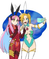 Rule 34 | 2girls, animal ears, b suke, blonde hair, breasts, calamity jane (fate), calamity jane (third ascension) (fate), fate/grand order, fate (series), galaxy, ishtar (fate), large breasts, long hair, multiple girls, navel, official art, phone, pink hair, rabbit ears, selfie, smile, space ishtar (astarte origin) (fate), space ishtar (fate), space ishtar (third ascension) (fate), star (symbol), thick thighs, thighs, v, white background