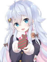 Rule 34 | 1girl, :d, ahoge, bell, black jacket, blue eyes, blush, bow, braid, commentary, english commentary, fang, fur-trimmed sleeves, fur trim, gift, hair bell, hair between eyes, hair bow, hair ornament, harrybeace, head tilt, holding, holding gift, jacket, jingle bell, kagura nana, long sleeves, looking at viewer, merry christmas, multicolored hair, nanakagu karatou ch, open mouth, pink hair, scarf, silver hair, simple background, sleeves past wrists, smile, solo, striped, striped bow, twin braids, two-tone hair, upper body, virtual youtuber, white background, white scarf