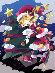 Rule 34 | 1girl, alternate costume, back bow, black pantyhose, blonde hair, blue background, blush, bow, christmas ornaments, christmas tree, closed eyes, cloud, commentary request, crystal, fangs, flandre scarlet, full body, fur trim, green bow, hat, hat bow, highres, long hair, multicolored bow, nikorashi-ka, one-hour drawing challenge, open mouth, pantyhose, pointy ears, red bow, red footwear, red hat, red shirt, red skirt, santa hat, shirt, shoes, short sleeves, side ponytail, skirt, sky, sleeve cuffs, solo, star (sky), star (symbol), starry sky, touhou, wings, wrist cuffs
