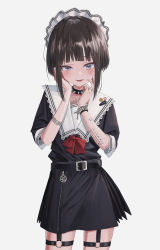 Rule 34 | 1girl, :d, absurdres, belt, blunt bangs, blush, bow, bowtie, brown hair, child, collar, cowboy shot, cross, finger tattoo, gishiki (gshk), hands on own face, highres, looking at viewer, maid headdress, medium skirt, o-ring, o-ring bottom, open mouth, original, pentagram, purple eyes, red bow, red bowtie, school uniform, serafuku, short hair with long locks, short sleeves, sidelocks, simple background, skirt, smile, solo, spiked collar, spikes, standing, tattoo, white background