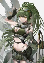 Rule 34 | 1girl, absurdres, adjusting goggles, arknights, arm up, axe, bare shoulders, black gloves, breasts, cleavage, cowboy shot, crop top, fingerless gloves, gavial (arknights), gavial the invincible (arknights), gloves, goggles, goggles on head, green hair, grey background, grin, groin, highres, laomotou, large breasts, long hair, looking at viewer, mask, mask around neck, material growth, midriff, navel, oripathy lesion (arknights), ponytail, pouch, smile, solo, standing, stomach, very long hair, weapon, yellow eyes
