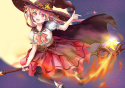 Rule 34 | 1girl, :d, absurdres, black cape, black hat, black legwear, caing zhihuang, cape, dress, fire, hat, heart, highres, long hair, moon, night, night sky, open mouth, outdoors, pink hair, pink neckwear, pointing, puffy short sleeves, puffy sleeves, red dress, red eyes, short sleeves, sidesaddle, sky, smile, solo, staff, staff riding, very long hair, witch hat