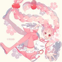Rule 34 | 1girl, :d, boots, braid, cherry blossoms, dated, detached sleeves, hair bobbles, hair ornament, hatsune miku, long hair, miri (cherryjelly), nail polish, necktie, open mouth, pink footwear, pink hair, pink nails, pink thighhighs, red eyes, sakura miku, skirt, smile, thigh boots, thighhighs, twin braids, very long hair, vocaloid, wide sleeves