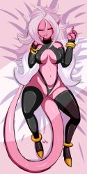 Rule 34 | 1girl, absurdres, alternate costume, android 21, artist name, bare shoulders, bed sheet, black footwear, black nails, black panties, black sclera, black shirt, boots, breasts, colored sclera, colored skin, crop top, detached sleeves, dragon ball, dragon ball fighterz, female focus, fir3born, from above, grin, hair between eyes, half-closed eyes, hands up, happy, high heels, highleg, highleg panties, highres, large breasts, long hair, looking at viewer, lying, majin android 21, nail polish, navel, on back, panties, partially visible vulva, pink skin, pointy ears, red eyes, shiny clothes, shiny skin, shirt, signature, sketch, skin tight, sleeveless, sleeveless shirt, smile, solo, spread legs, stomach, string panties, tail, teeth, thigh boots, thighhighs, underwear, wedgie, white hair, wide hips