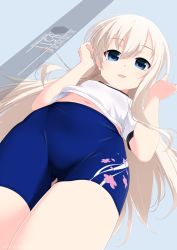 Rule 34 | 1girl, artist name, bike shorts, blonde hair, blue eyes, blue shorts, character name, commentary request, cowboy shot, from below, gluteal fold, gym shorts, highres, inaba shiki, kantai collection, long hair, looking at viewer, shirt, shorts, solo, t-shirt, u-511 (kancolle), white shirt