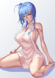 Rule 34 | 1girl, ahoge, armpits, azur lane, backless dress, backless outfit, bare arms, bare legs, bare shoulders, barefoot, blue hair, breasts, cable knit, cleavage, cleavage cutout, clothing cutout, dress, fingernails, hair between eyes, hands on feet, highres, large breasts, long hair, looking at viewer, meme attire, ribbed sweater, side ponytail, sideboob, signature, simple background, sitting, smile, solo, st. louis (azur lane), sweater, sweater dress, thick thighs, thighs, turtleneck, turtleneck sweater, virgin killer sweater, wariza, white background, white sweater, zephid