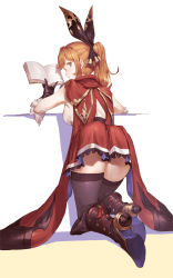 Rule 34 | 10s, 1girl, black footwear, black thighhighs, book, boots, bow, breasts, brown hair, cancer (zjcconan), clarisse (granblue fantasy), dress, from behind, gloves, granblue fantasy, hair bow, highres, holding, knee boots, kneeling, long hair, looking at viewer, looking back, open book, ponytail, sideboob, solo, thighhighs