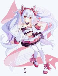 Rule 34 | 1girl, absurdres, animal ears, azur lane, bad id, bad pixiv id, bare shoulders, bow, detached sleeves, fake animal ears, full body, h2so4-c, hairband, heart, highres, laffey (azur lane), laffey (bunny idol @unmotivated) (azur lane), light purple hair, light smile, long hair, microskirt, midriff, musical note, official alternate costume, pantyhose, pink footwear, pink skirt, plaid, plaid bow, plaid skirt, rabbit ears, red eyes, red hairband, simple background, skirt, solo, twintails, very long hair, white background, white pantyhose, white sleeves