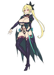Rule 34 | 10s, 1girl, alternate costume, alternate eye color, arm behind back, arms behind back, black dress, black footwear, blonde hair, blush, boots, breasts, choker, cleavage, corruption, dress, female focus, full body, hair between eyes, high heel boots, high heels, highres, large breasts, leafa, long hair, looking at viewer, pointy ears, ponytail, pubic tattoo, purple thighhighs, pussy juice, red eyes, revealing clothes, satou kuuki, shorts, simple background, smile, solo, standing, sword art online, tattoo, thighhighs, very long hair, white background, white shorts, white thighhighs