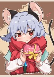 Rule 34 | 1girl, animal ear fluff, animal ears, blue capelet, blush, bow, box, brown background, capelet, closed mouth, commentary request, grey hair, happy valentine, heart, heart-shaped box, highres, long sleeves, looking at viewer, mouse ears, mouse girl, mouse tail, nazrin, outline, red eyes, red scarf, scarf, shirt, short hair, smile, solo, tail, take no ko (4919400), thick eyebrows, touhou, upper body, white outline, white shirt, yellow bow