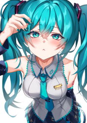 Rule 34 | 1girl, :&lt;, aqua eyes, aqua hair, aqua nails, aqua necktie, arm behind back, arm tattoo, arm up, black skirt, black sleeves, blush, breasts, closed mouth, collared shirt, commentary request, crossed bangs, detached sleeves, fingernails, grey shirt, hair between eyes, hair ornament, hatsune miku, highres, inue ao, leaning forward, long fingernails, long hair, looking at viewer, medium breasts, miniskirt, nail polish, necktie, number tattoo, pleated skirt, shirt, skirt, sleeveless, sleeveless shirt, solo, tattoo, tie clip, twintails, very long hair, vocaloid, wide sleeves