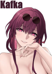 Rule 34 | 1girl, absurdres, breasts, character name, cleavage, commentary request, earrings, eyewear on head, grin, head tilt, highres, honkai: star rail, honkai (series), jewelry, kafka (honkai: star rail), long hair, looking at viewer, medium breasts, nude, out-of-frame censoring, purple eyes, purple hair, simple background, smile, solo, sunglasses, upper body, white background, zui ai shuang mawei