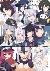 Rule 34 | 6+girls, ahoge, animal, animal ears, animal hug, doodle sensei (blue archive), ascot, azusa (blue archive), baseball cap, bench, black eyes, black headwear, black hoodie, black neckerchief, black necktie, blue archive, blue hair, blue jacket, blush, book, bottle, center opening, closed mouth, collared shirt, dakimakura (object), dot nose, drooling, ear piercing, earrings, eating, extra ears, fang, flower, food, hair flower, hair ornament, tucking hair, hairclip, halo, hand puppet, haruna (blue archive), hat, highres, holding, holding book, hood, hoodie, iroha (blue archive), jacket, jacket on shoulders, jewelry, kayoko (blue archive), kazusa (blue archive), leaning on person, long hair, long sleeves, looking at viewer, misaki (blue archive), miyako (blue archive), mole, momomatang, mouth drool, multicolored hair, multiple girls, multiple views, naked towel, neckerchief, necktie, one eye closed, open mouth, peroro (blue archive), piercing, pillow, pink ascot, pink eyes, puppet, purple hair, rabbit, red eyes, red hair, red necktie, reisa (blue archive), sailor collar, saori (blue archive), sensei (blue archive), shirt, short hair, sitting, sleeping, smile, sparkle, squatting, star (symbol), star hair ornament, stud earrings, sweat, taiyaki, towel, two-tone hair, wagashi, wakamo (blue archive), wakamo (swimsuit) (blue archive), water bottle, wet, white hair, white shirt, wolf ears, yellow eyes, yuuka (blue archive), yuuka (track) (blue archive)