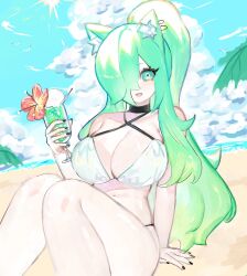 Rule 34 | animal ears, beach, bikini, black nails, breasts, cat ears, cat girl, choker, cleavage, cocktail, cocktail glass, colored skin, cup, drinking glass, flower, green eyes, green hair, highres, large breasts, lime (togetoge), long hair, looking at viewer, original, ponytail, smile, swimsuit, thick thighs, thighs, togetoge, white skin