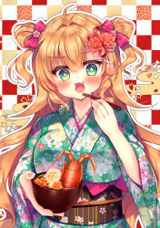 Rule 34 | + +, 1girl, ahoge, blush, bow, bowl, breasts, brown hair, checkered background, chopsticks, commentary request, double bun, eating, fang, floral print, green eyes, green kimono, hair bow, hair bun, highres, holding, holding bowl, holding chopsticks, japanese clothes, kimono, long hair, long sleeves, looking at viewer, medium breasts, obi, open mouth, original, outline, pink bow, print kimono, sash, solo, suzunone rena, two side up, very long hair, white outline, wide sleeves