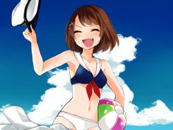 Rule 34 | 10s, 1girl, bad id, bad pixiv id, ball, beachball, brown hair, gradient background, hair ornament, hat, kantai collection, katagiri (mighty swing), maya (kancolle), peaked cap, short hair, smile, solo, swimsuit