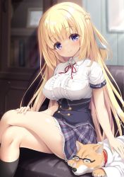 Rule 34 | 1girl, blonde hair, braid, breasts, closed mouth, dress, frilled dress, frilled shirt, frills, highres, lace, lace-trimmed skirt, lace trim, large breasts, long hair, mikagami mamizu, mikuriya ren, purple eyes, shiny skin, shirt, sitting, skirt, smile, unless terminalia, very long hair