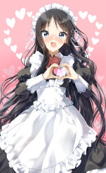 Rule 34 | 1girl, :o, absurdres, akiyama mio, apron, black dress, blue eyes, blush, bow, bowtie, dress, heart, highres, k-on!, long hair, long sleeves, looking at viewer, maid, maid apron, maid headdress, open mouth, pentagon (railgun ky1206), pink background, red bow, red bowtie, simple background, solo, very long hair, white apron