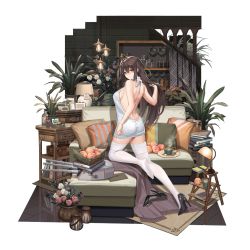 Rule 34 | 1girl, artist request, ass, backless outfit, bare back, black footwear, black surge night, blanket, book, breasts, brown eyes, brown hair, candle, couch, cup, cushion, dress, envelope, flower, food, fruit, hand in own hair, high heels, lamp, large breasts, long hair, looking at viewer, meme attire, mole, mole under eye, naked sweater, official art, patent heels, plant, potted plant, pumps, ribbed sweater, shoes, sideboob, single shoe, sleeveless, smile, south dakota (black surge night), steam, stiletto heels, sweater, sweater dress, thighhighs, transparent background, virgin killer sweater, white sweater, white thighhighs