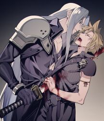 Rule 34 | 2boys, arm ribbon, armor, black gloves, black jacket, blonde hair, blood, blood from mouth, blood on arm, blood on chest, blood on clothes, bloody weapon, chest strap, closed eyes, cloud strife, cowboy shot, final fantasy, final fantasy vii, final fantasy vii advent children, gloves, gradient background, grey hair, grey shirt, hair between eyes, holding, holding sword, holding weapon, jacket, long bangs, long hair, long sleeves, looking at another, male focus, masamune (ff7), multiple boys, open mouth, parted bangs, parted lips, pink ribbon, ribbon, sephiroth, shirt, short hair, shoulder armor, sleeveless, sleeveless shirt, smile, spiked hair, stab, sweat, sword, toned, toned male, waist cape, weapon, yaoi, yijiao
