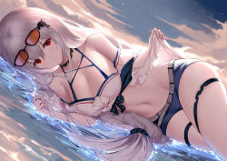 Rule 34 | 1girl, an yasuri, arknights, bare shoulders, belt, blue shorts, breasts, choker, cleavage, crop top, eyewear on head, groin, hair ornament, highres, large breasts, long hair, looking at viewer, low-tied long hair, lying, micro shorts, midriff, navel, off-shoulder shirt, off shoulder, official alternate costume, on back, red eyes, shirt, shorts, silver hair, skadi (arknights), skadi (waverider) (arknights), solo, stomach, sunglasses, thigh strap, thighs, very long hair, water, white shirt