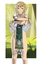 Rule 34 | armlet, blonde hair, blurry, blurry background, border, braid, circlet, closed mouth, clothes lift, commentary, crown braid, dangle earrings, dress, dress lift, earrings, english commentary, forest, green eyes, highres, jewelry, lifting own clothes, light smile, looking at viewer, nature, necklace, nintendo, official alternate costume, outdoors, outside border, pelvic curtain, pointy ears, pomelomelon, princess zelda, short hair, sleeveless, sleeveless dress, standing, strapless, strapless dress, teardrop facial mark, the legend of zelda, the legend of zelda: tears of the kingdom, undressing, white border, white dress