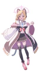 Rule 34 | 1girl, animal ear headphones, animal ears, black skirt, black thighhighs, blonde hair, blue archive, blue necktie, blush, boots, bow, buttons, cat tail, collared shirt, fake animal ears, full body, hair bow, halo, headphones, highres, jacket, kuro kinkan, long sleeves, looking at viewer, momoi (blue archive), necktie, open clothes, open jacket, open mouth, pink footwear, pink halo, pleated skirt, red bow, red eyes, shirt, short hair, simple background, skirt, smile, solo, tail, thighhighs, white background, white jacket, white shirt, wide sleeves