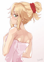 Rule 34 | 1girl, alternate costume, artist name, bare shoulders, blonde hair, blush, breasts, commentary, darahan, fate/grand order, fate (series), from behind, green eyes, hair ornament, long hair, looking at viewer, mordred (fate), mordred (fate/apocrypha), ponytail, red scrunchie, scrunchie, simple background, solo, towel, upper body, white background