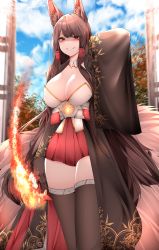 Rule 34 | 1girl, absurdres, akagi (azur lane), animal ears, azur lane, blue sky, breasts, brown hair, brown thighhighs, cleavage, cloud, dated commentary, day, fire, fox ears, fox girl, fox tail, highres, japanese clothes, large breasts, long hair, looking at viewer, outdoors, red eyes, red skirt, samip, skirt, sky, smile, standing, tail, thighhighs, thighs, wide sleeves, zettai ryouiki
