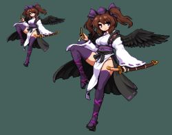 Rule 34 | 1girl, alternate costume, bad id, bad pixiv id, black cape, black wings, bow, breasts, bridal gauntlets, brown hair, cape, cellphone, closed mouth, feathered wings, flip phone, full body, fundoshi, geta, green background, hair bow, hat, himekaidou hatate, holding, holding phone, holding sword, holding weapon, japanese clothes, knee up, kourindou tengu costume, long sleeves, looking at viewer, medium breasts, multiple views, namako daibakuhatsu, obi, pelvic curtain, phone, pixel art, purple bow, purple eyes, purple hat, purple thighhighs, ribbon-trimmed sleeves, ribbon trim, sash, scabbard, sheath, sheathed, simple background, smile, standing, standing on one leg, sword, thighhighs, tokin hat, touhou, twintails, waist cape, weapon, wide sleeves, wings