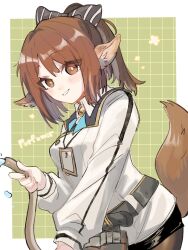 Rule 34 | 1girl, animal ears, arknights, belt, black bow, black shorts, border, bow, brown eyes, brown hair, brown pantyhose, character name, collared jacket, commentary, flower, fox ears, fox girl, fox tail, green background, grey belt, hair bow, highres, holding, holding hose, hose, id card, jacket, long sleeves, looking at viewer, one-hour drawing challenge, pantyhose, pantyhose under shorts, perfumer (arknights), perfumer (species plantarum) (arknights), short ponytail, shorts, simple background, smile, solo, soramaru 310, striped, striped bow, tail, white bow, white jacket