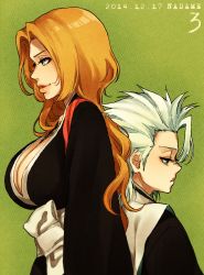 1boy 1girl back-to-back bleach blue_eyes breasts cleavage from_side green_eyes highres hitsugaya_toushirou jewelry large_breasts long_hair matsumoto_rangiku nadame_(ume645) necklace orange_hair short_hair standing white_hair