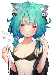 Rule 34 | 1girl, ahoge, alternate costume, animal ear fluff, animal ears, bare shoulders, bikini, black bikini, black jacket, blue hair, blush, breasts, breasts day, cat ears, chromatic aberration, closed mouth, collarbone, commentary, ear piercing, english commentary, frilled bikini, frills, green hair, hair ornament, highres, hololive, jacket, kemonomimi mode, kutar22, looking at viewer, medium hair, multicolored hair, navel, off shoulder, open clothes, open jacket, piercing, pom pom (clothes), red eyes, short twintails, simple background, skull hair ornament, small breasts, smile, solo, stomach, swimsuit, symbol in eye, twintails, two-tone hair, untied bikini, upper body, uruha rushia, virtual youtuber, white background