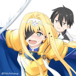 Rule 34 | &gt;:t, 1boy, 1girl, :d, :i, :t, alice zuberg, armor, artist name, black eyes, black hair, blonde hair, blue cape, blue eyes, blush, cape, closed mouth, eyepatch, felutiahime, gold armor, hair between eyes, hair intakes, hairband, highres, kayano ai, kirito, kono subarashii sekai ni shukufuku wo!, long hair, looking at viewer, masochism, open mouth, outstretched arms, parody, protecting, short hair, smile, sparkle, spoilers, spread arms, star-shaped pupils, star (symbol), sweat, sword, sword art online, sword art online: alicization, symbol-shaped pupils, twitter username, upper body, v-shaped eyebrows, voice actor connection, weapon, white hairband