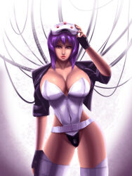 1girl black_gloves black_jacket breasts cable covered_navel fingerless_gloves ghost_in_the_shell gloves jacket kusanagi_motoko large_breasts leotard looking_at_viewer short_sleeves solo straight-on svoidist white_leotard