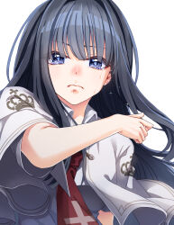 Rule 34 | 1girl, black hair, blue eyes, blunt bangs, blush, capelet, closed mouth, commentary request, cross print, crown print, crying, crying with eyes open, eyes visible through hair, frown, hand up, highres, long hair, looking at viewer, necktie, nose blush, red necktie, ririi (ai-my talikng), school uniform, shirt, simple background, solo, sparkle, subarashiki hibi, takashima zakuro, tears, upper body, white background, white capelet, white shirt