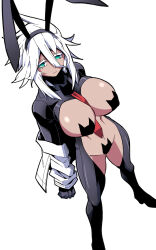 Rule 34 | 1girl, animal ears, black pasties, bodysuit, breasts, bunny day, cat pasties, commentary request, covered erect nipples, crotchless, dark-skinned female, dark skin, expressionless, fake animal ears, frontless outfit, hair between eyes, highres, jacket, jin (mugenjin), large breasts, looking at viewer, maebari, medium hair, meme attire, necktie, off shoulder, original, pasties, rabbit ears, red necktie, revealing clothes, reverse bunnysuit, reverse outfit, sidelocks, solo, white background, white hair