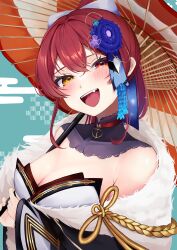 Rule 34 | 1girl, absurdres, bare shoulders, breasts, cleavage, heterochromia, highres, hololive, houshou marine, large breasts, looking at viewer, open mouth, parasol, red eyes, red hair, scarf (50464982), smile, solo, umbrella, virtual youtuber