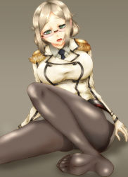 Rule 34 | 1girl, blonde hair, blush, breasts, feet, glasses, green eyes, highres, kantai collection, katori (kancolle), large breasts, long hair, no shoes, open mouth, panties, panties under pantyhose, pantyhose, pantyshot, soles, solo, toes, underwear